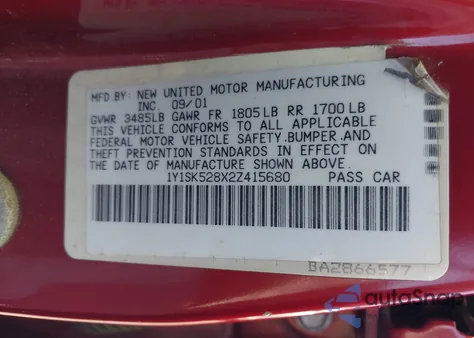 2002 Chevrolet Prizm из США, поврежденный, VIN 1Y1SK528X2Z415680